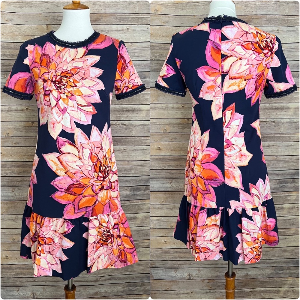 Trina Turk Navy Pink Orange Floral Shift Dress Size 2